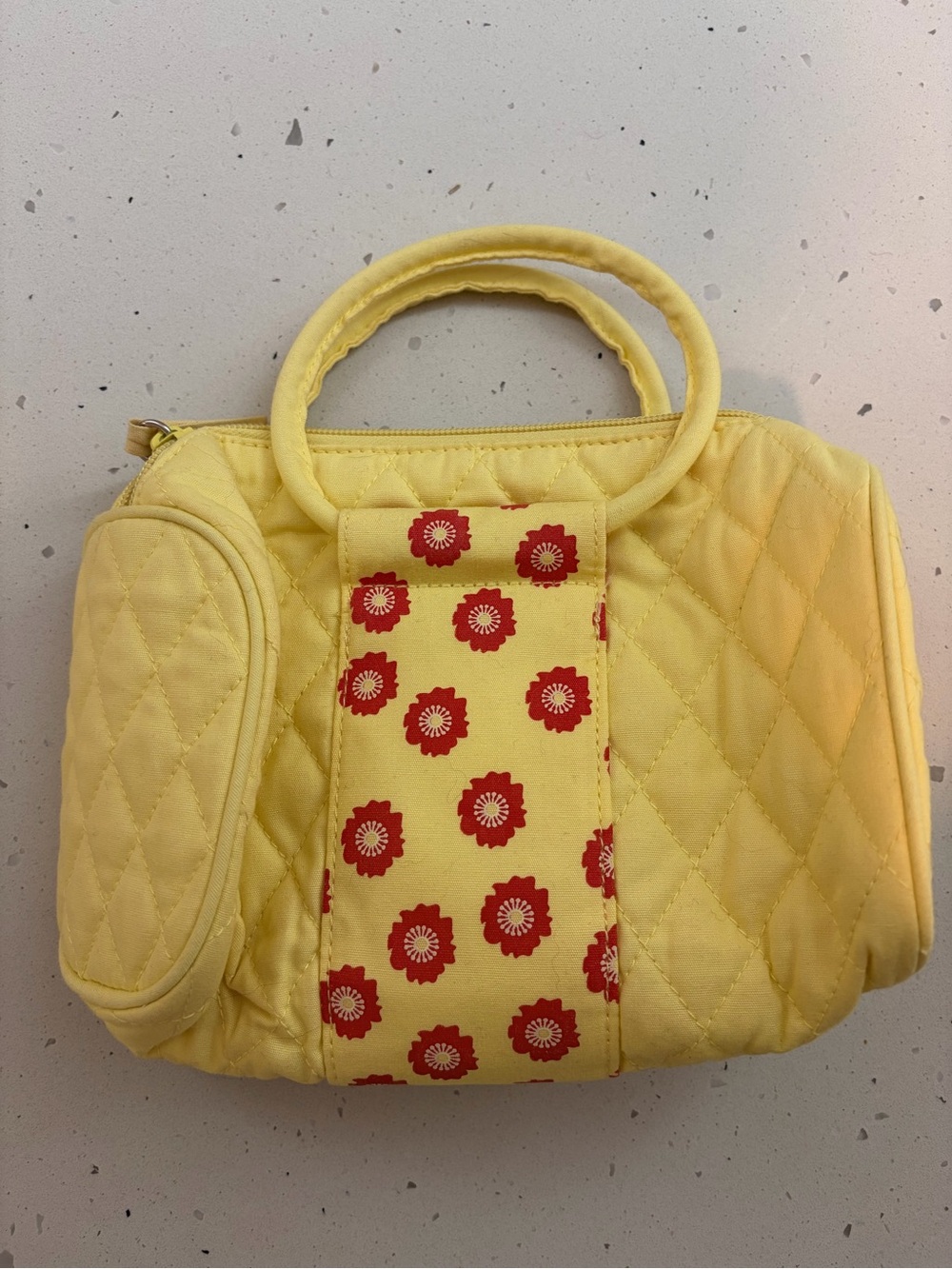 Vintage Yellow Quilted Mini Tote with Red Floral Panel